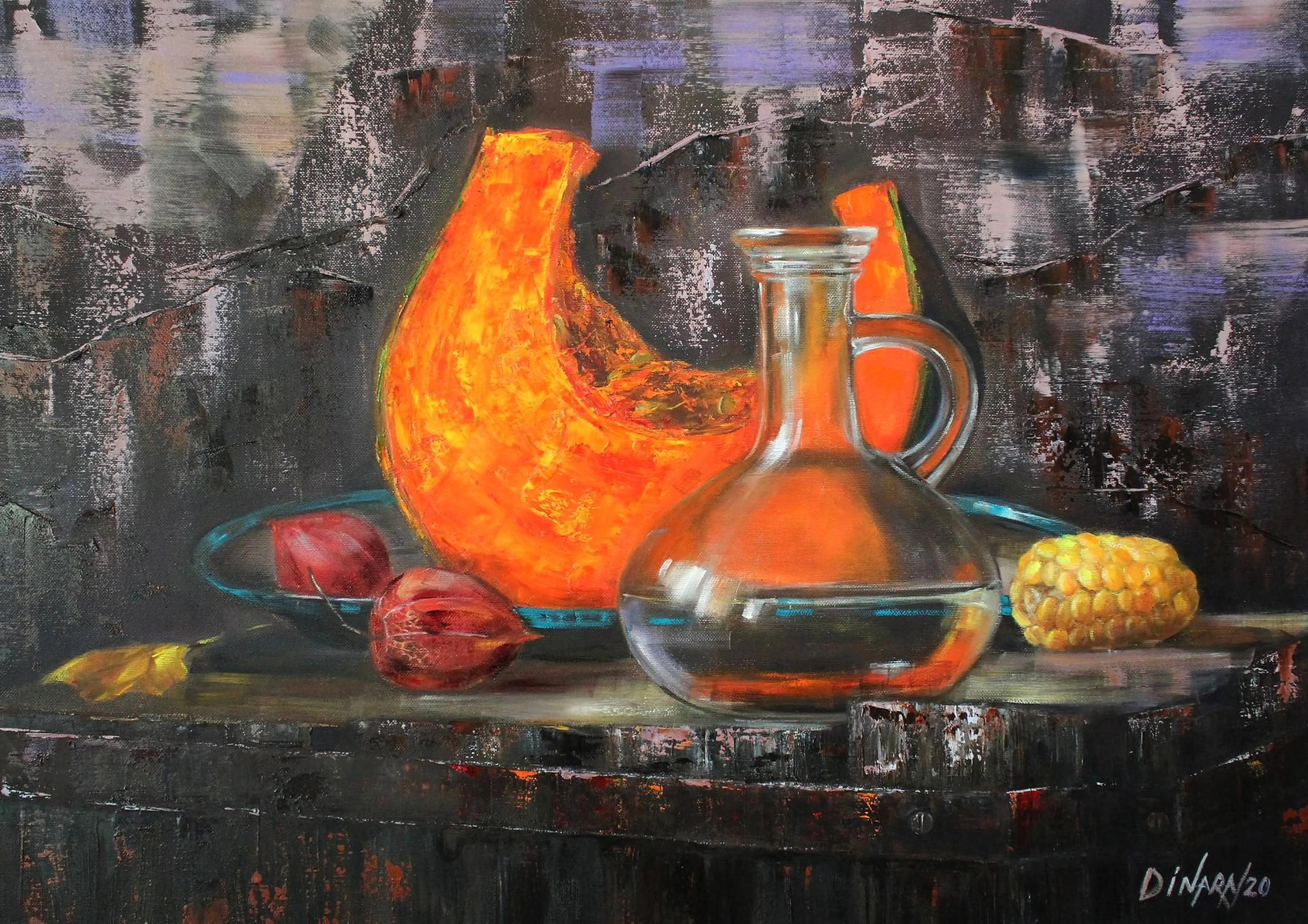 Oil still life with a pumpkin and surrounding produce.