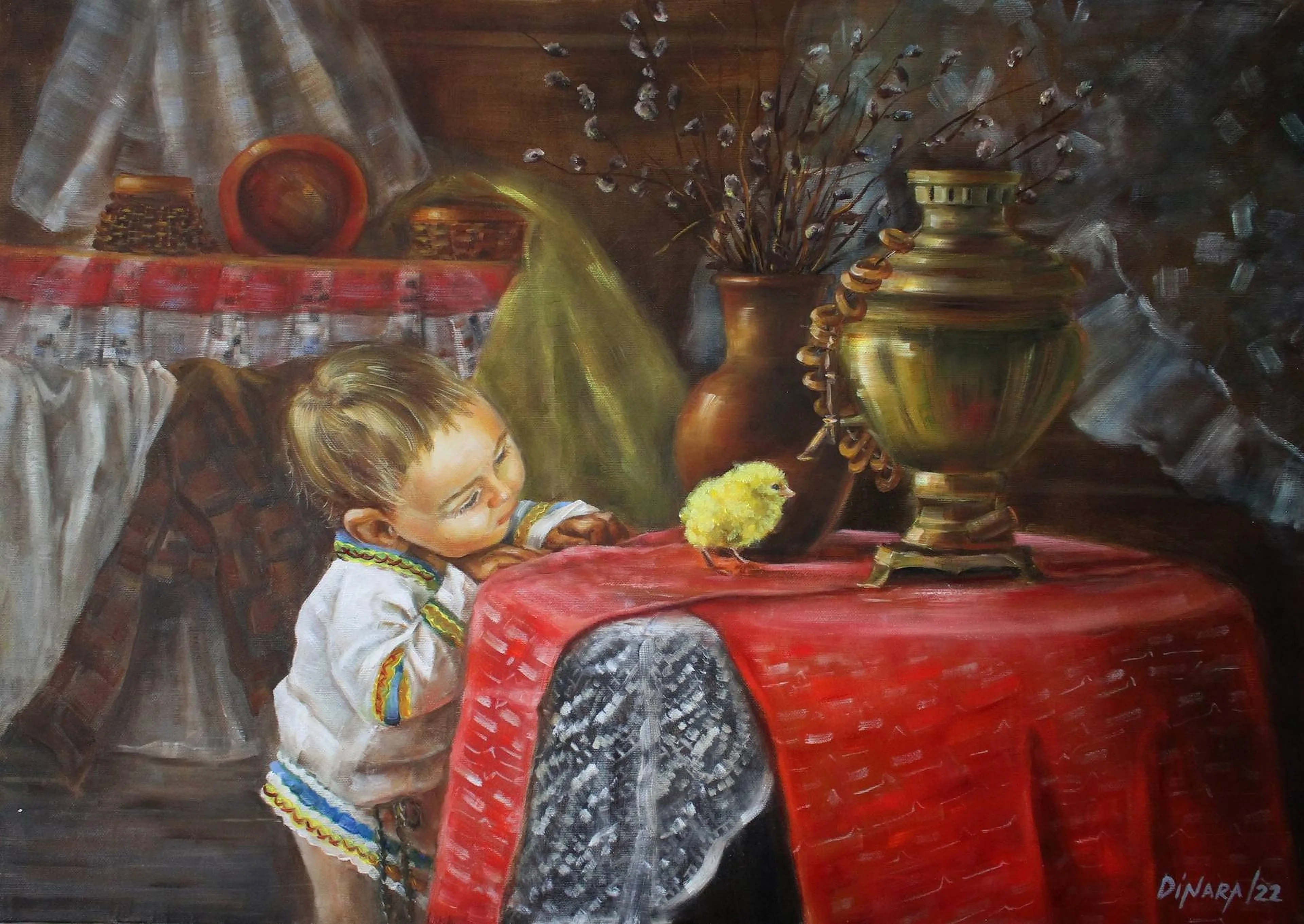 Oil painting of a figure at rest, watching a scene beyond the frame.