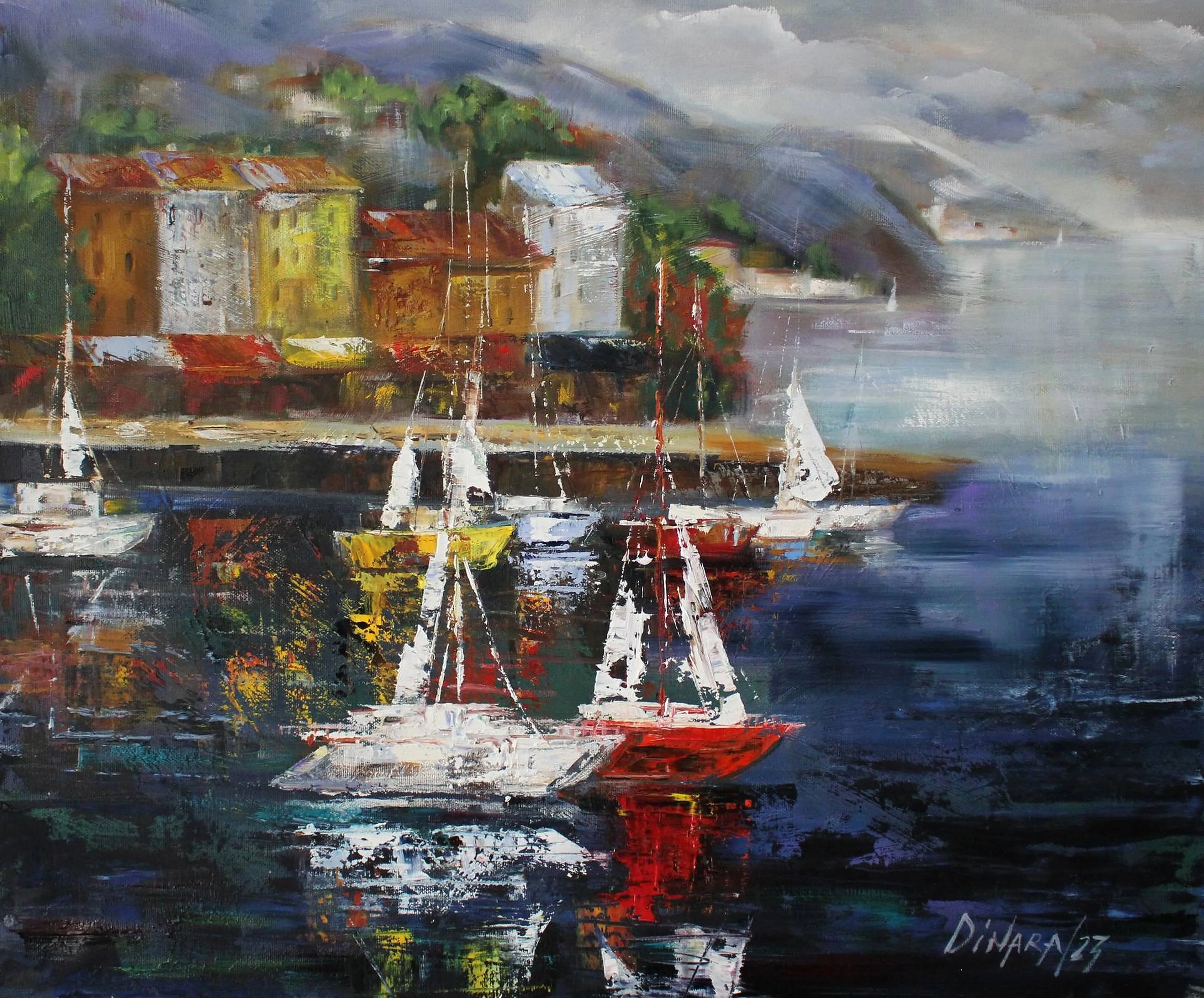 Oil painting of moored boats on open water.