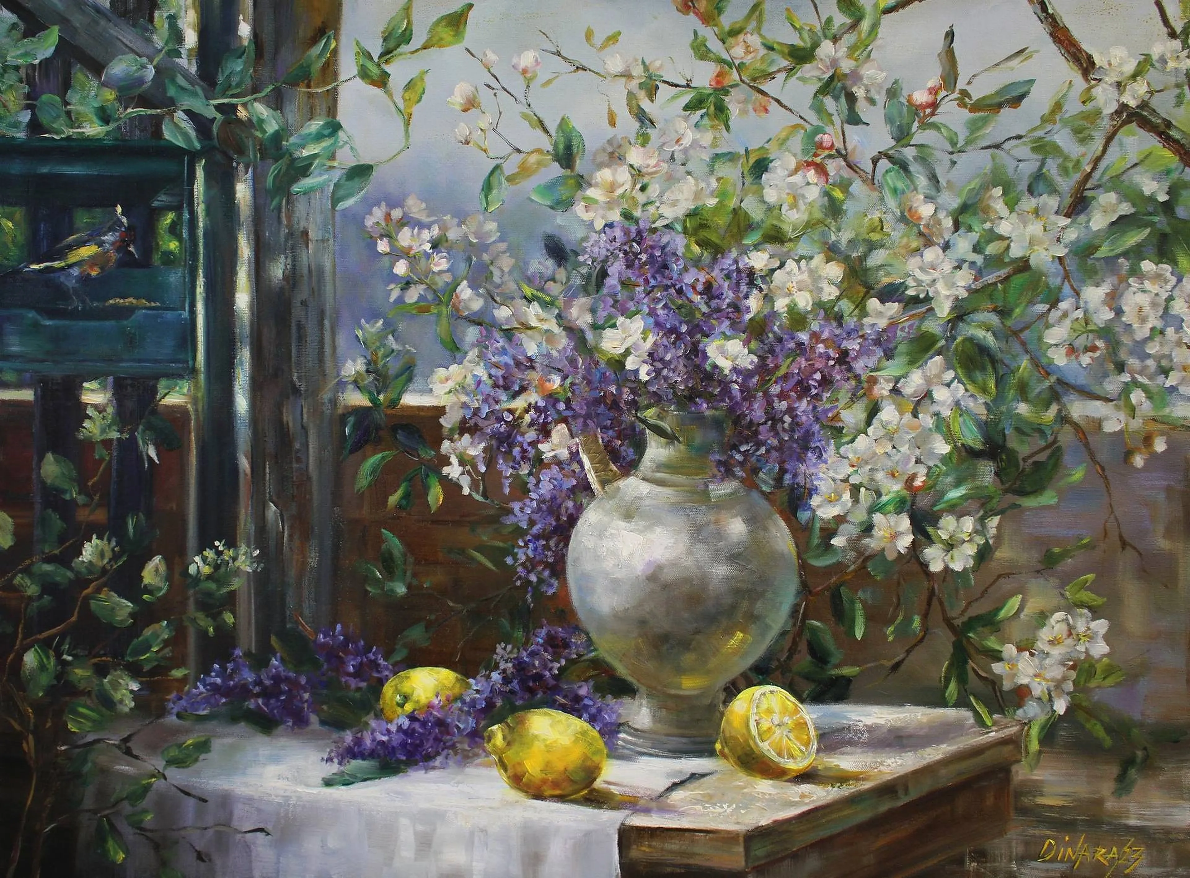 Oil still life of lilacs in a vase beside cut lemons.