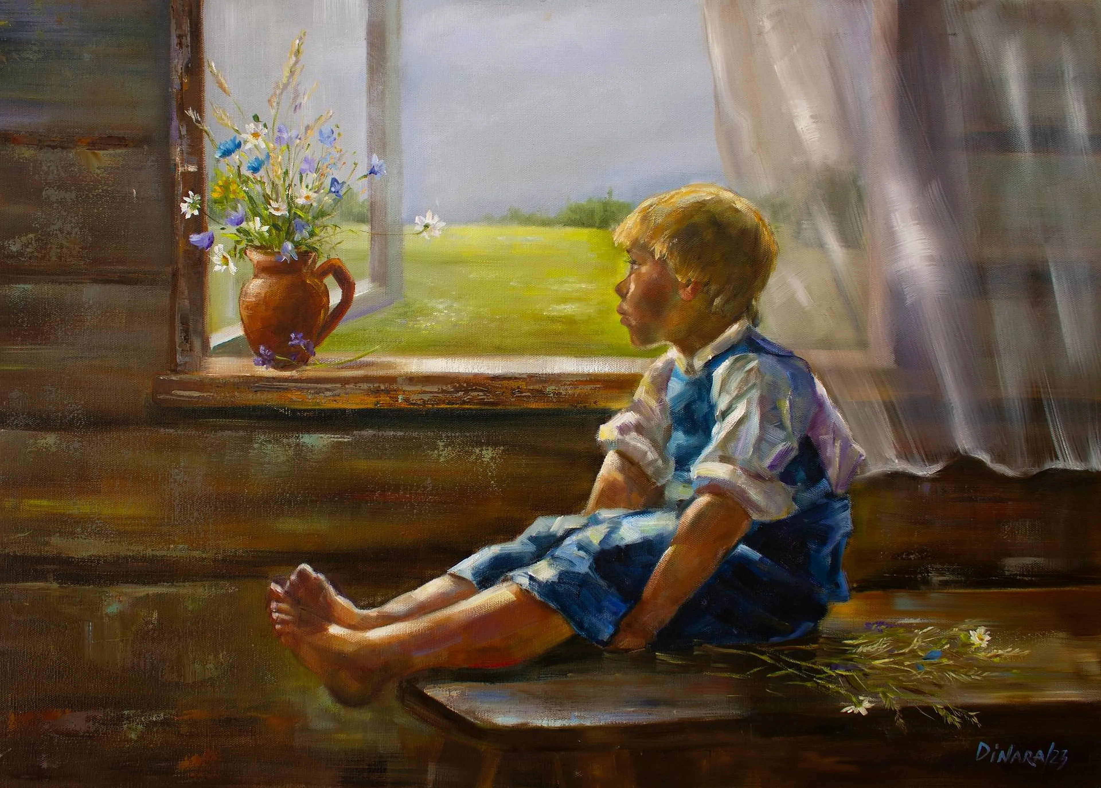 Oil painting of a figure in reverie, gaze turned away from the viewer.