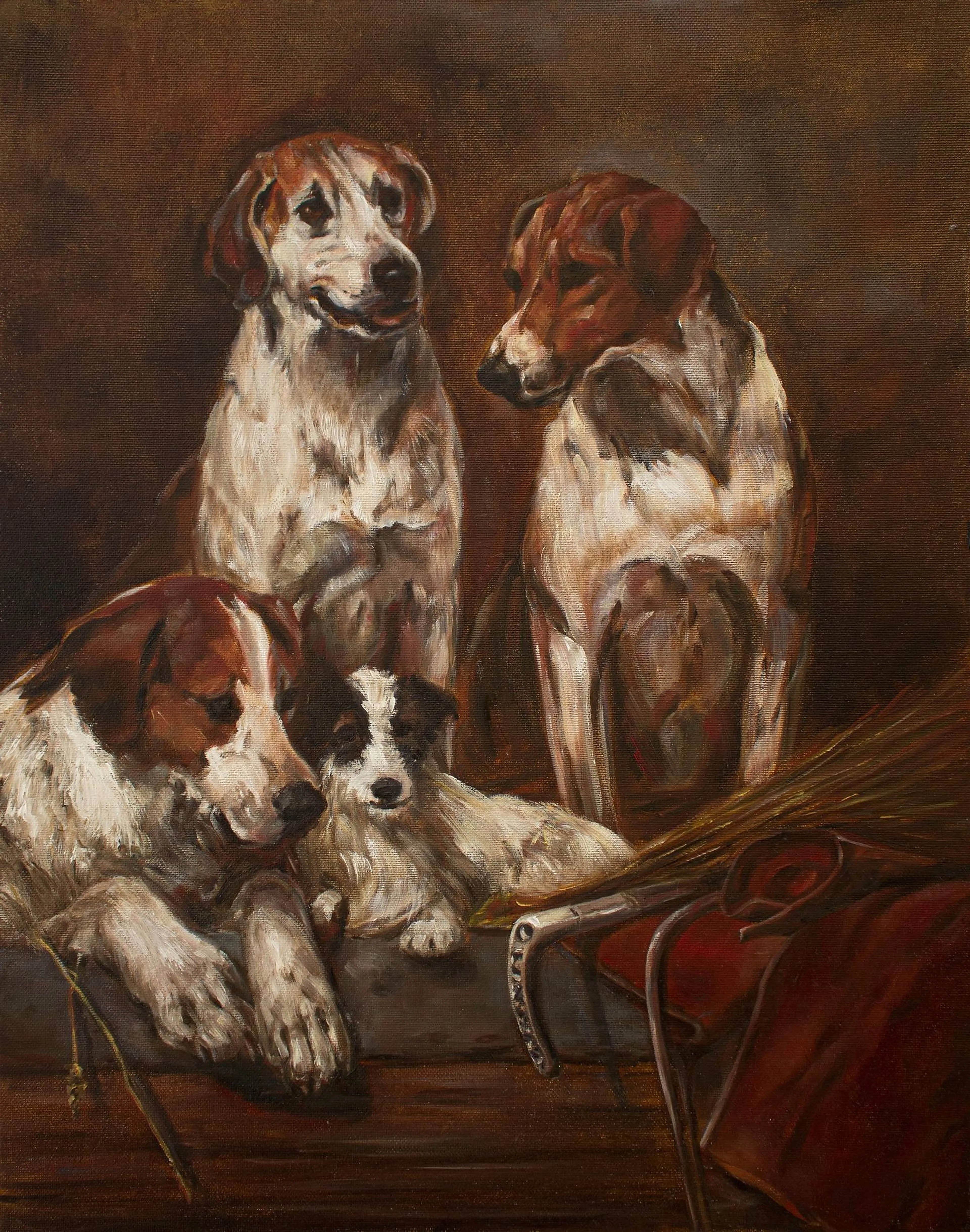 Oil study of two dogs, worked for anatomical structure.