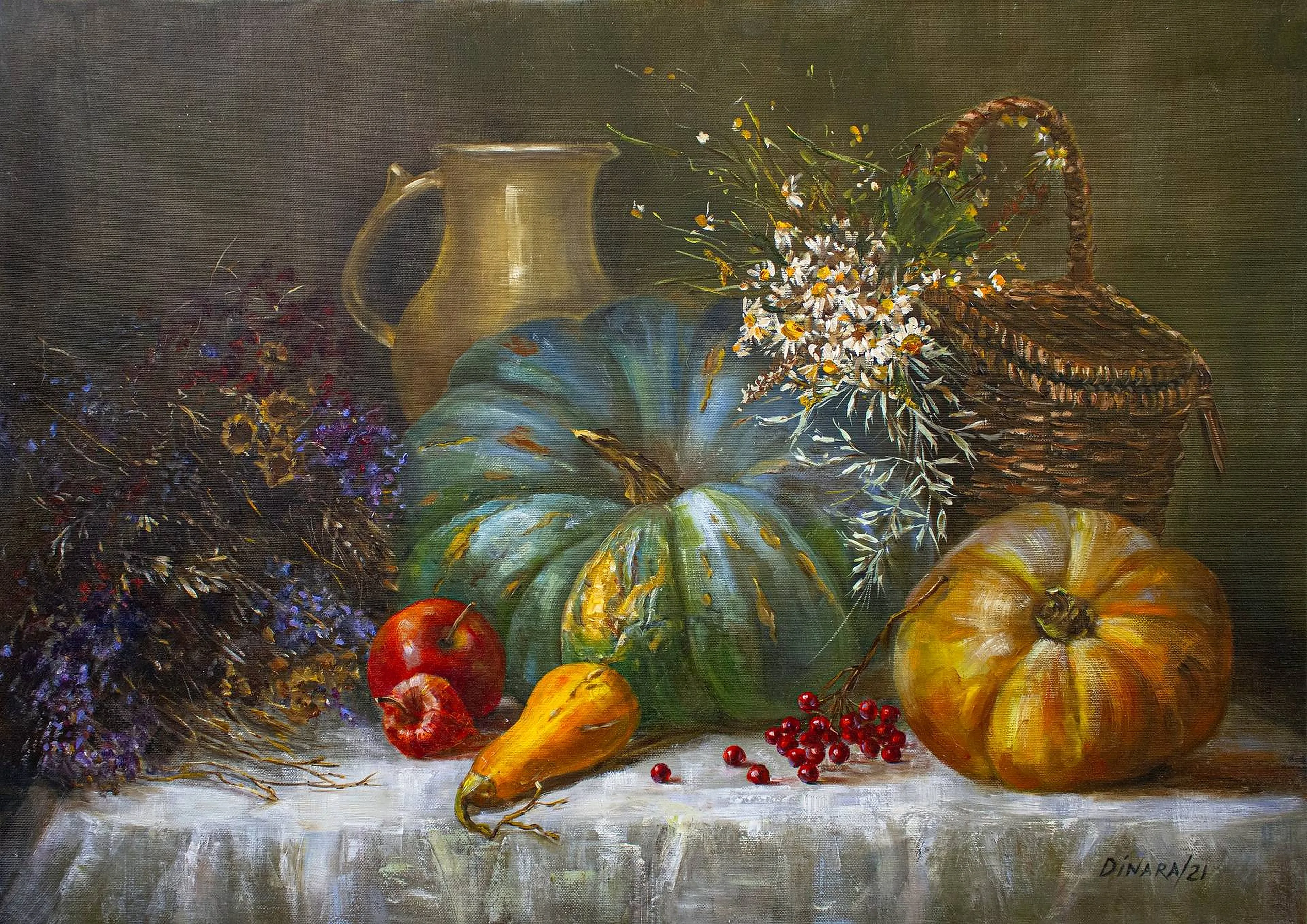 Oil still life of an autumn table laid with fruit and vessels.