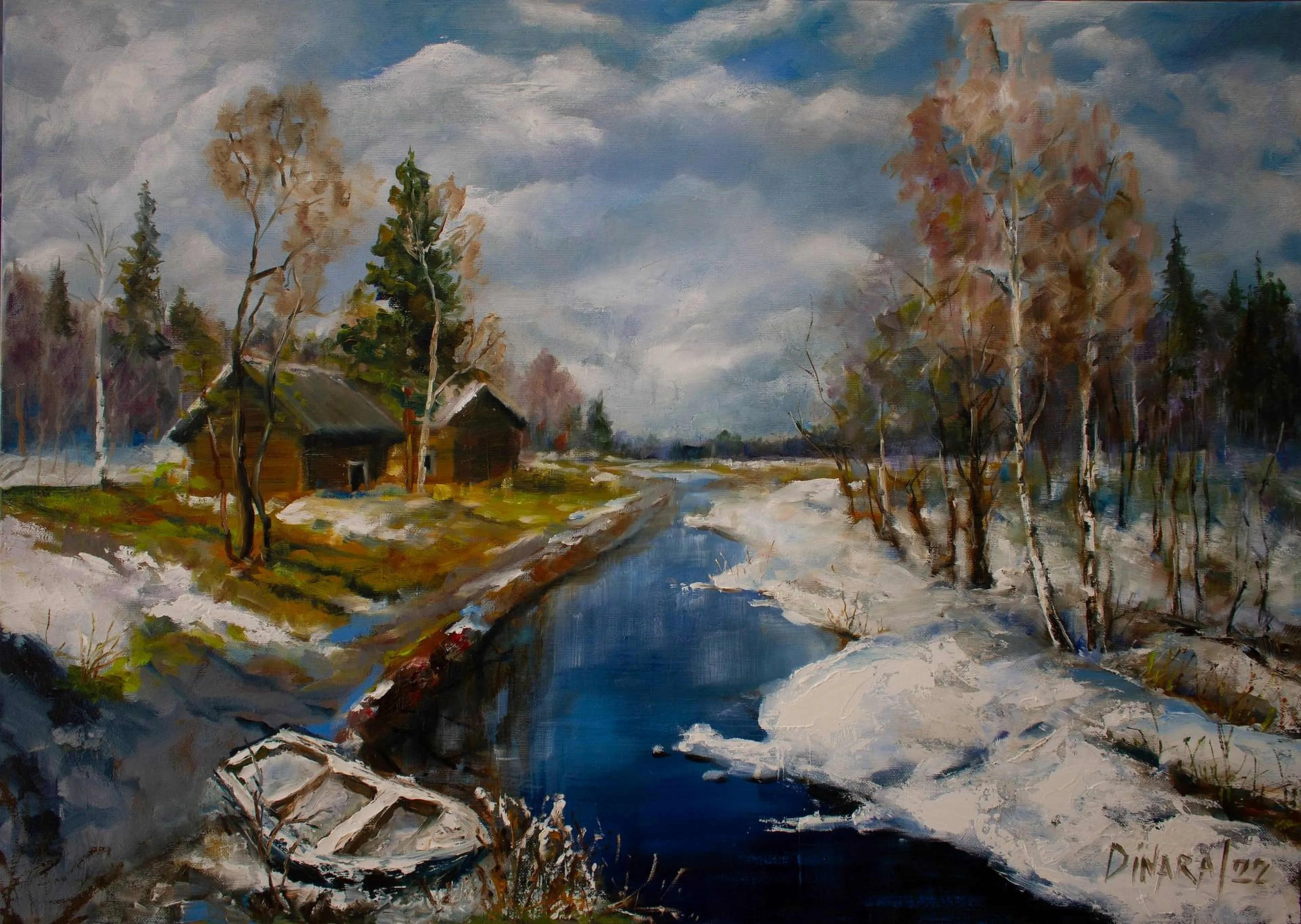 Oil painting of a boat on winter water beneath snow-laden trees.