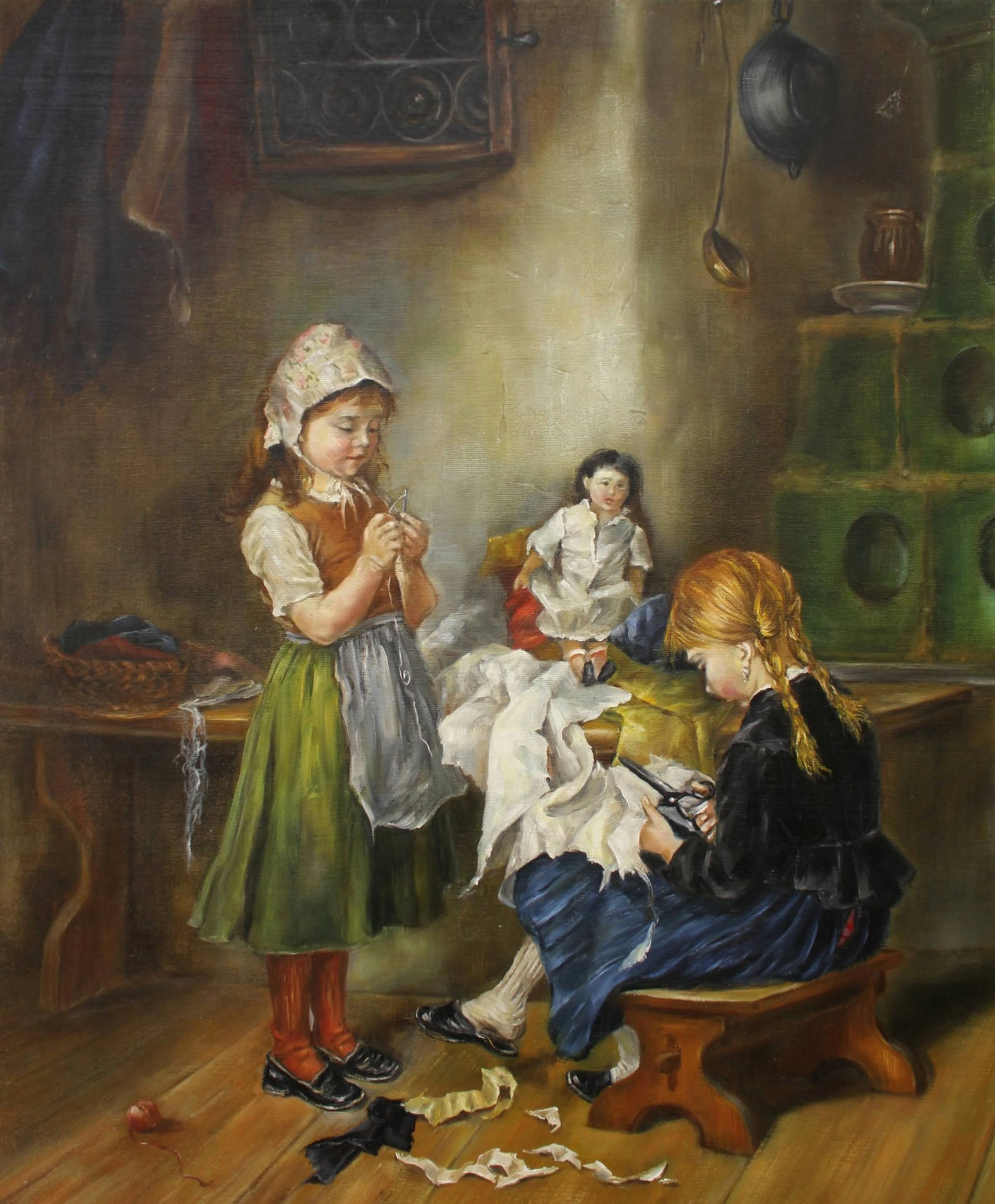 Oil study of a young seamstress at work.