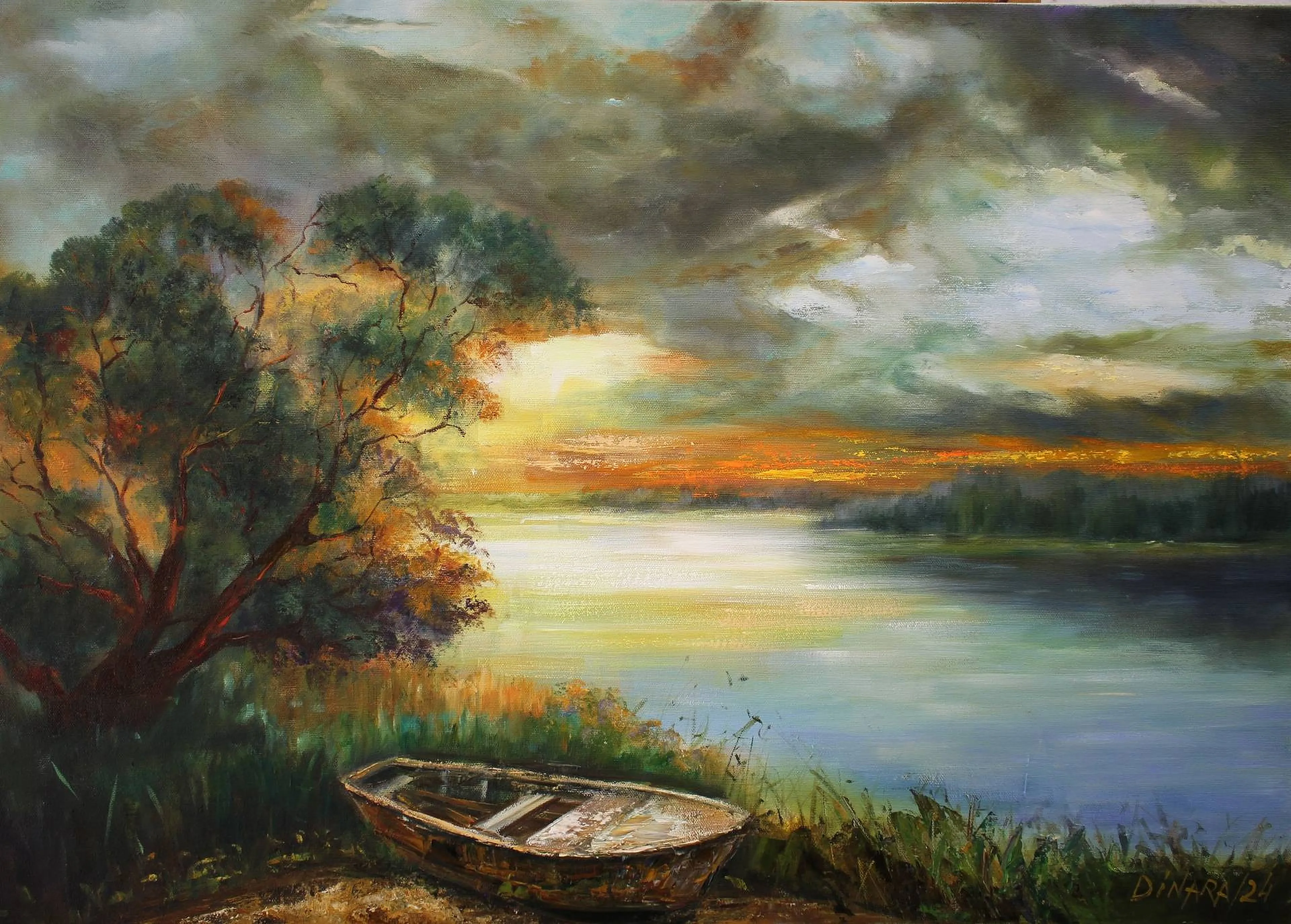 Oil painting of a lake at sunset, low cloud broken by a band of orange light reflected across still water, a wooden rowing boat drawn up on the near bank beneath a broad tree.