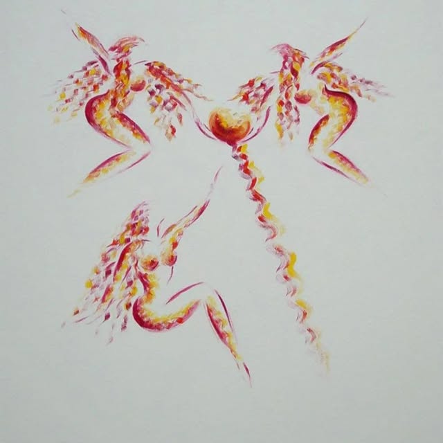 Study of winged figures in red and gold on a pale ground.