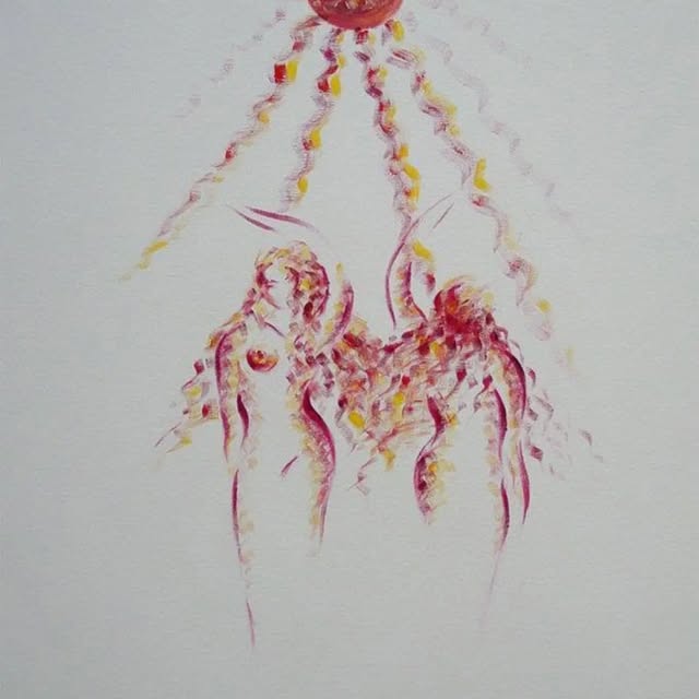 Figures beneath a radiating sun, in red and gold on a pale ground.