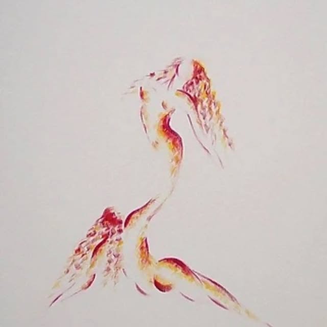 Two figures in flight, drawn in red and gold on a pale ground.