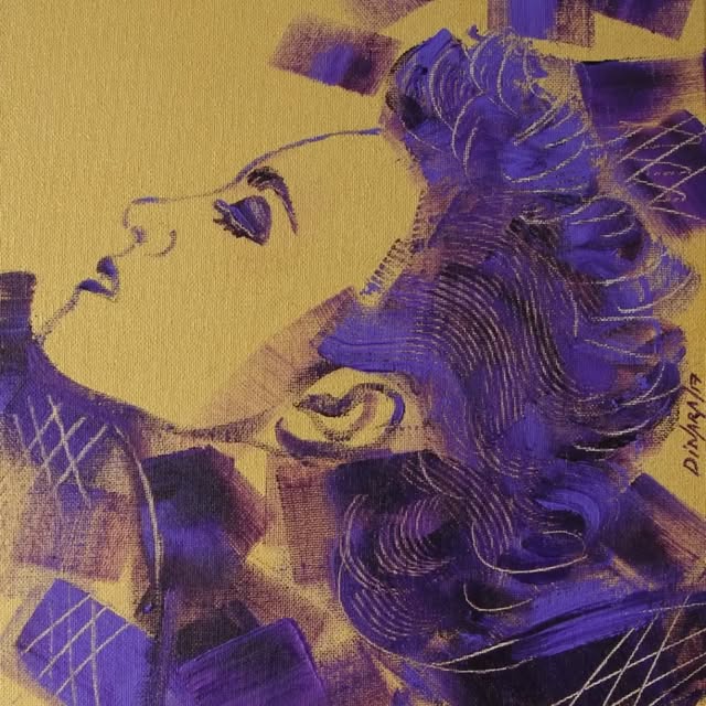 Portrait of a woman painted in violet and gold.