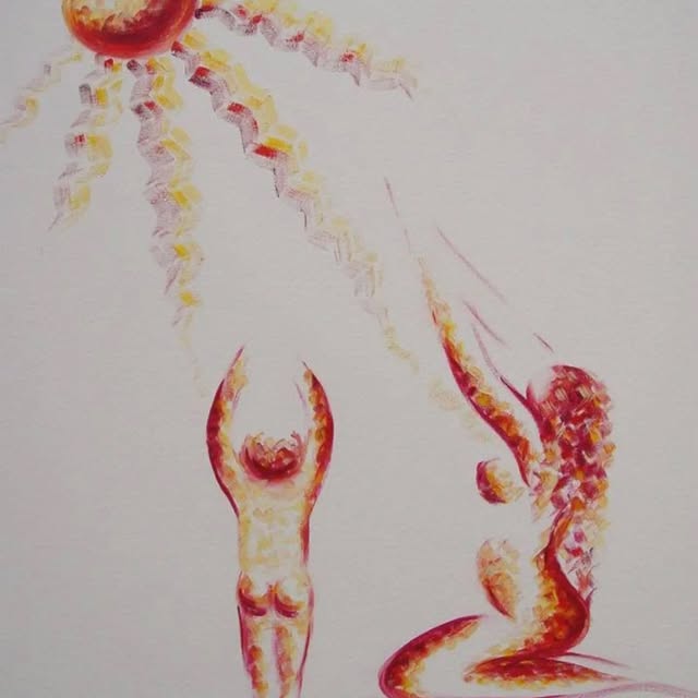 Two figures reaching towards a radiating sun, in red and gold.