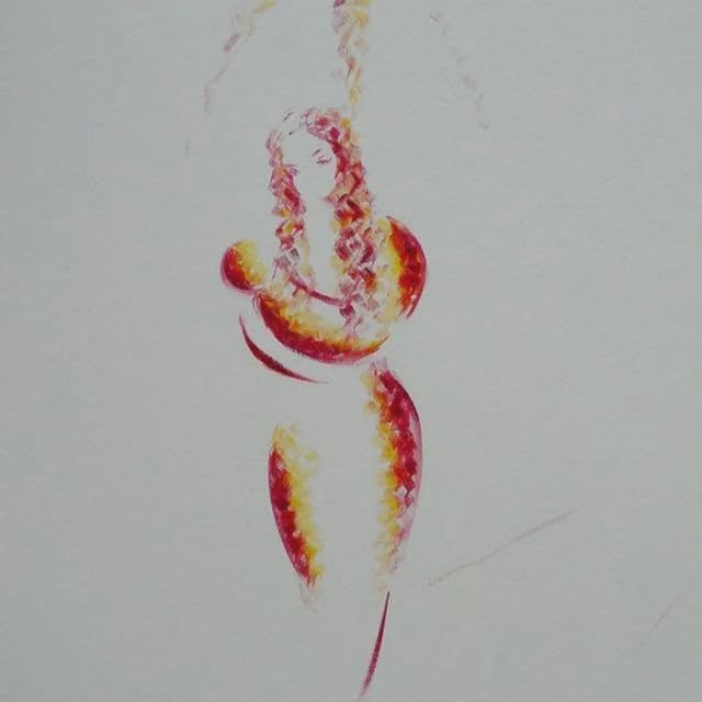 A single figure in red and gold on a pale ground.