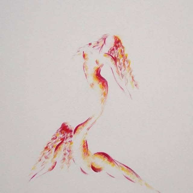 A figure in flight, drawn in red and gold on a pale ground.