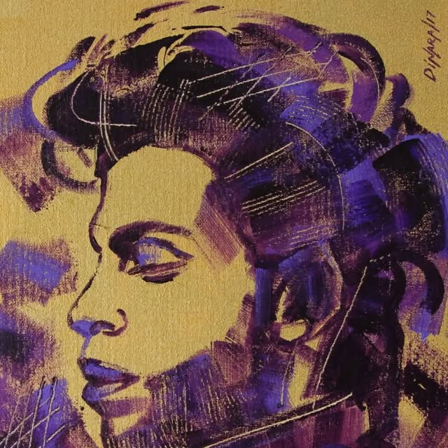 Portrait of a figure with flowing hair, painted in violet and gold.