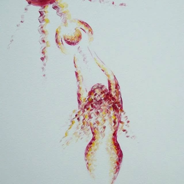A figure descending from a radiating sun, in red and gold.