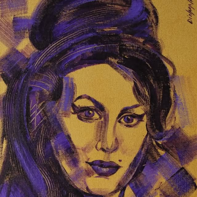 Portrait of a woman with swept-up hair, painted in violet and gold.