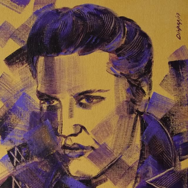 Portrait of a man with a quiff, painted in violet and gold.
