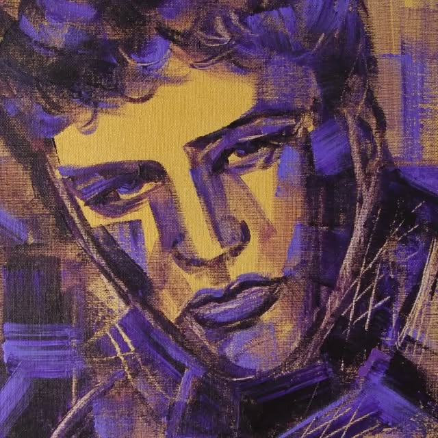 Close portrait of a man's face, painted in violet and gold.
