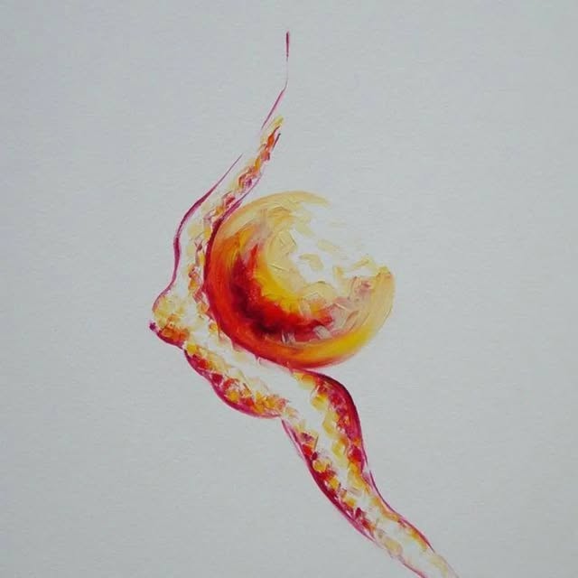 A figure curled around a red sphere on a pale ground.
