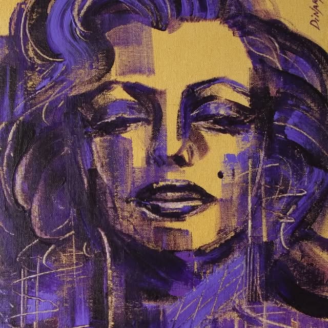Portrait of a woman with long wavy hair, painted in violet and gold.