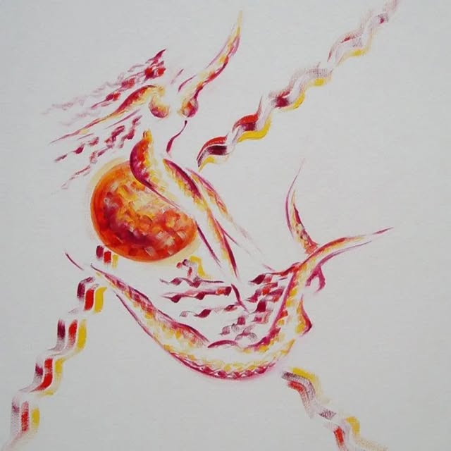 Figures and red spheres in motion, in red and gold on a pale ground.
