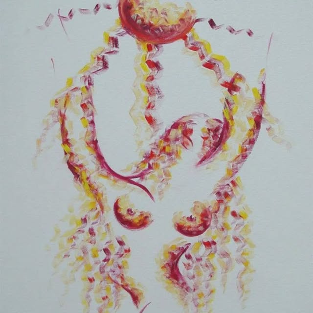Figures suspended beneath a red sphere, in red and gold.