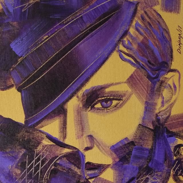 Portrait of a figure in a brimmed hat, painted in violet and gold.